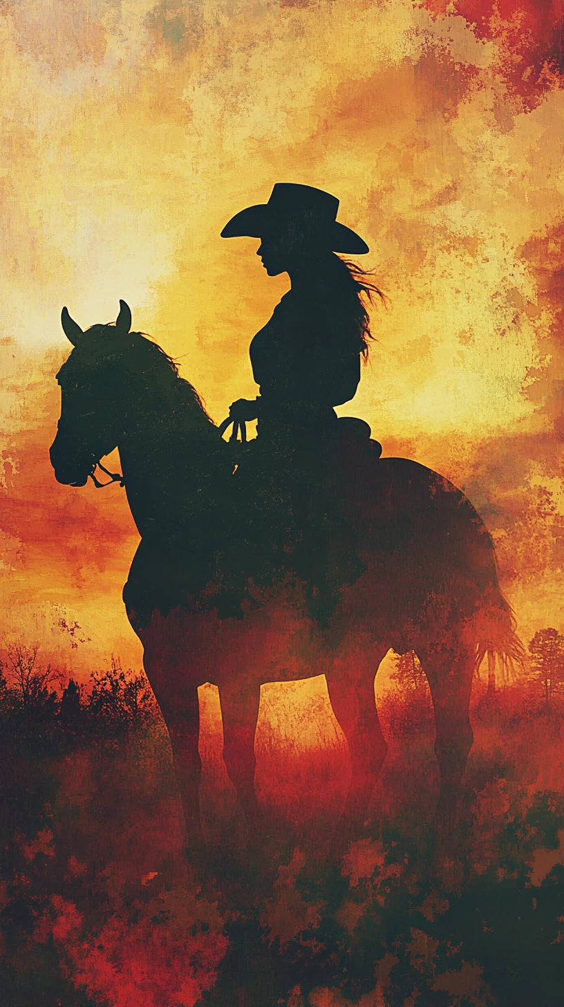 Donna con cappello da cowboy in controluce su paesaggio di tramonto luminoso