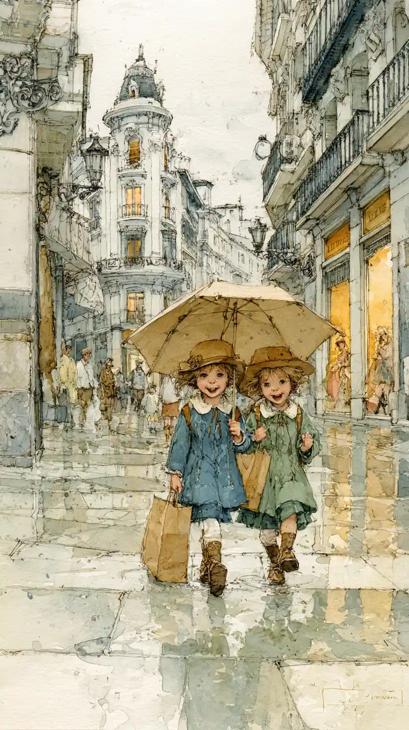 Two girls running laughing through rainy city street