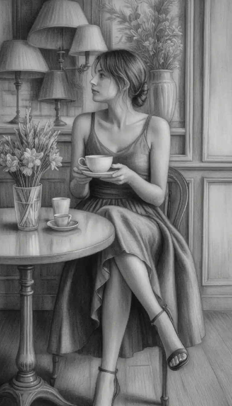 Giovane donna elegante con una tazza di caffè in una scena di caffetteria in grafite