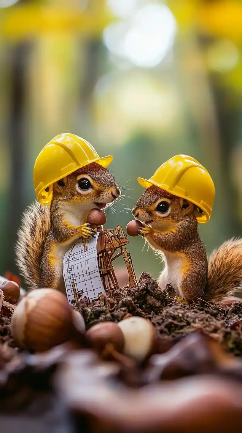 Fleißige Eichhörnchen auf einer winzigen Waldbaustelle