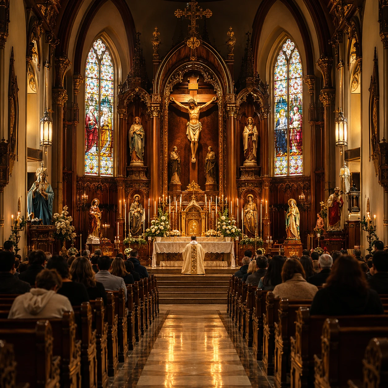 Traditionelles katholisches Kirchenschiff mit betenden Gläubigen