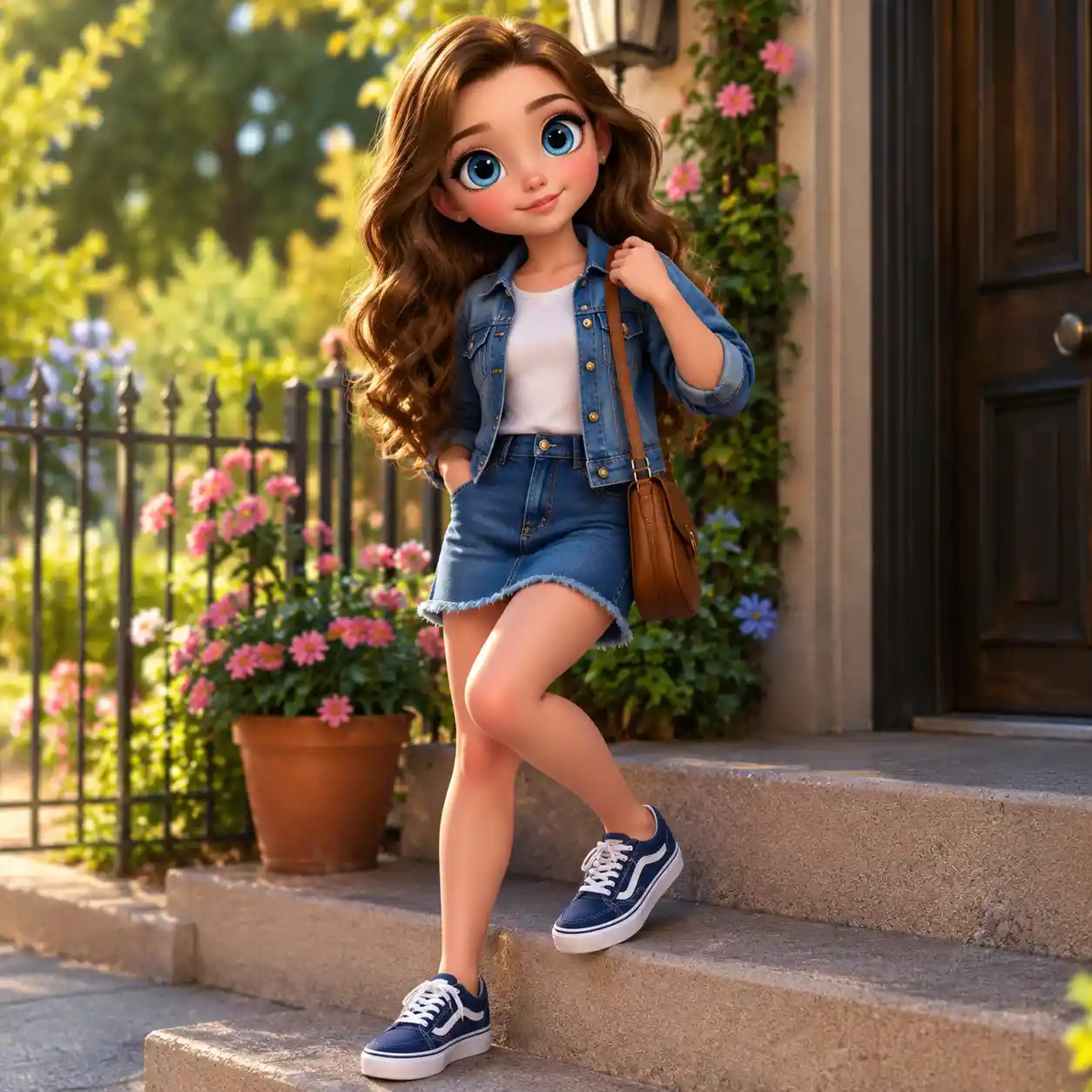 Stylized 3D girl at a garden doorway in denim outfit
