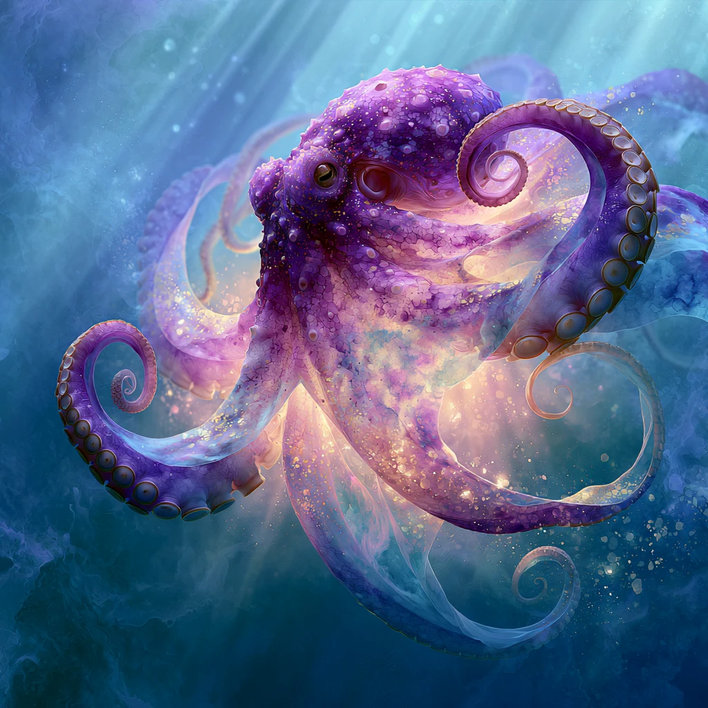 Whimsical amethyst octopus dancing in a fantasy ocean