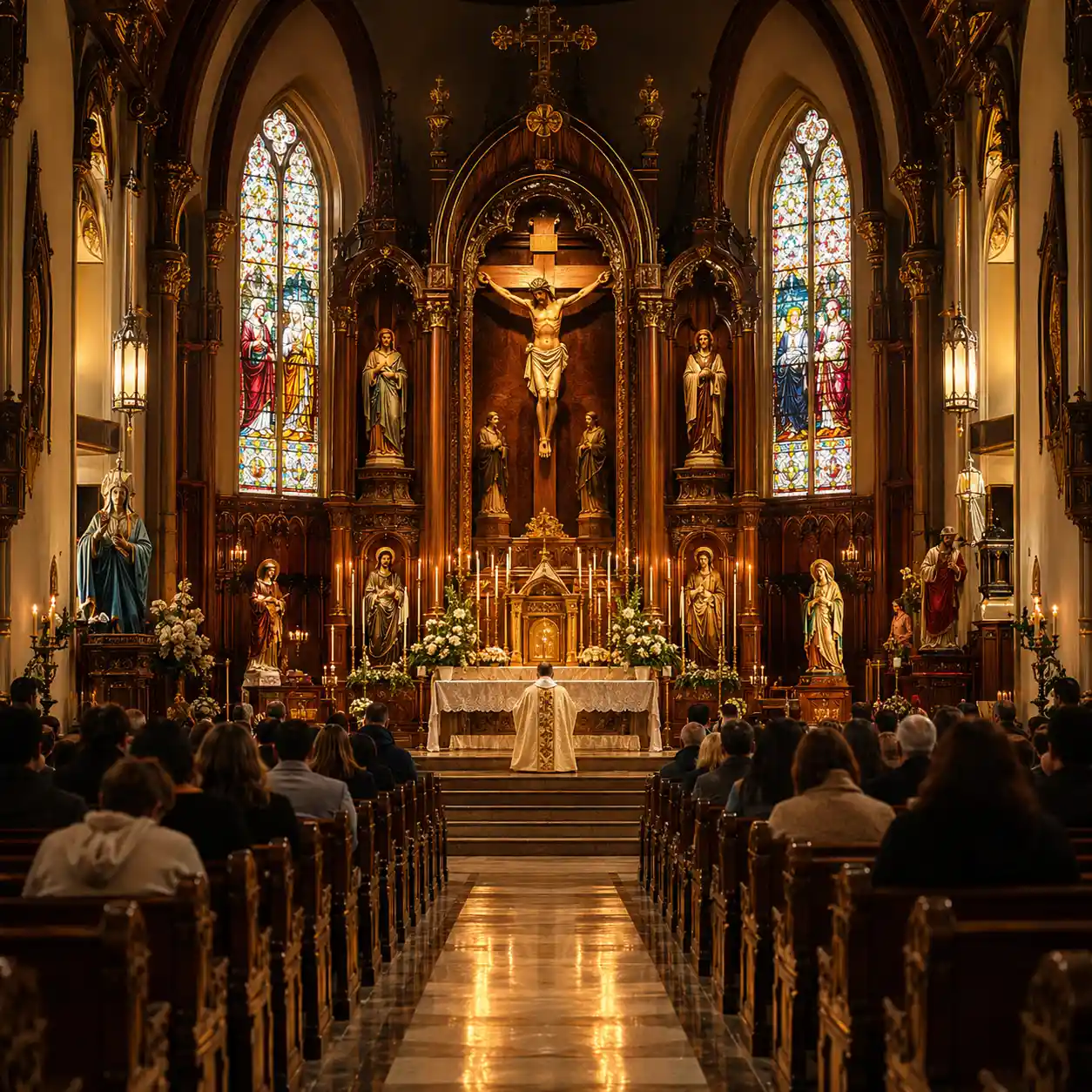 Santuario di chiesa cattolica tradizionale con fedeli in preghiera
