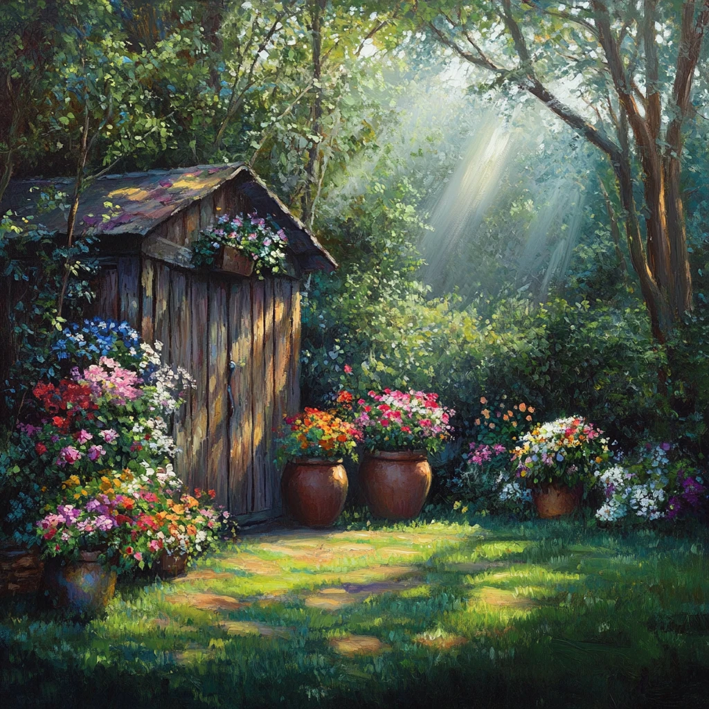 Ruhiger Gartenschuppen mit Blumen im Sonnenlicht des Waldes
