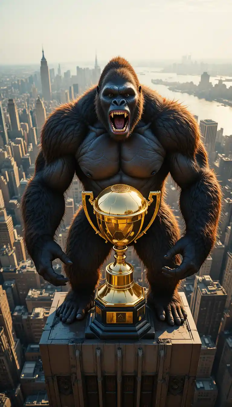 Gorilla gigante con trofeo dorato sopra i grattacieli di New York
