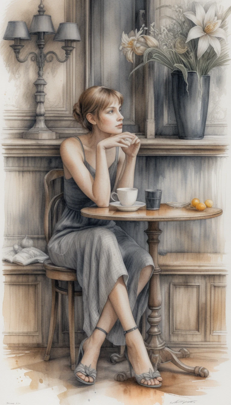 Jeune femme avec un café dans une scène de café au style graphite