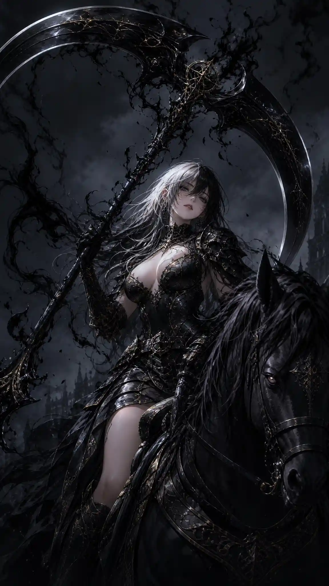 Anime warrior woman on horseback with ritual scythe