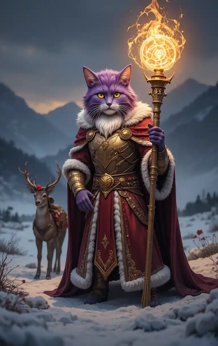 Purple armored cat mage in a snowy fantasy landscape