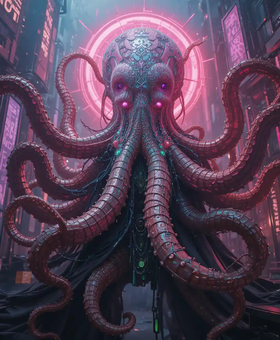 Cyberpunk Tentacle God Rising Over Futuristic Cityscape