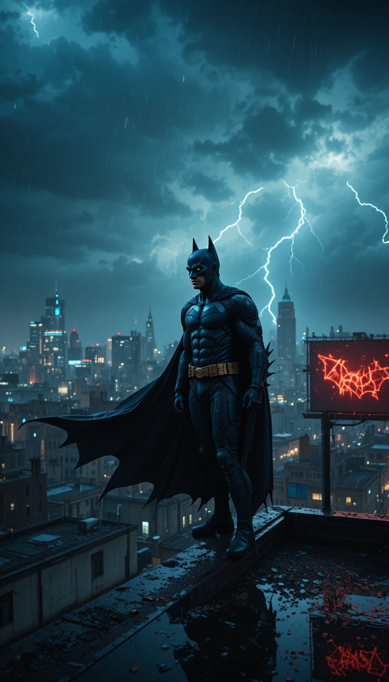 Super-herói sombrio em telhado chuvoso sobre cidade de neon