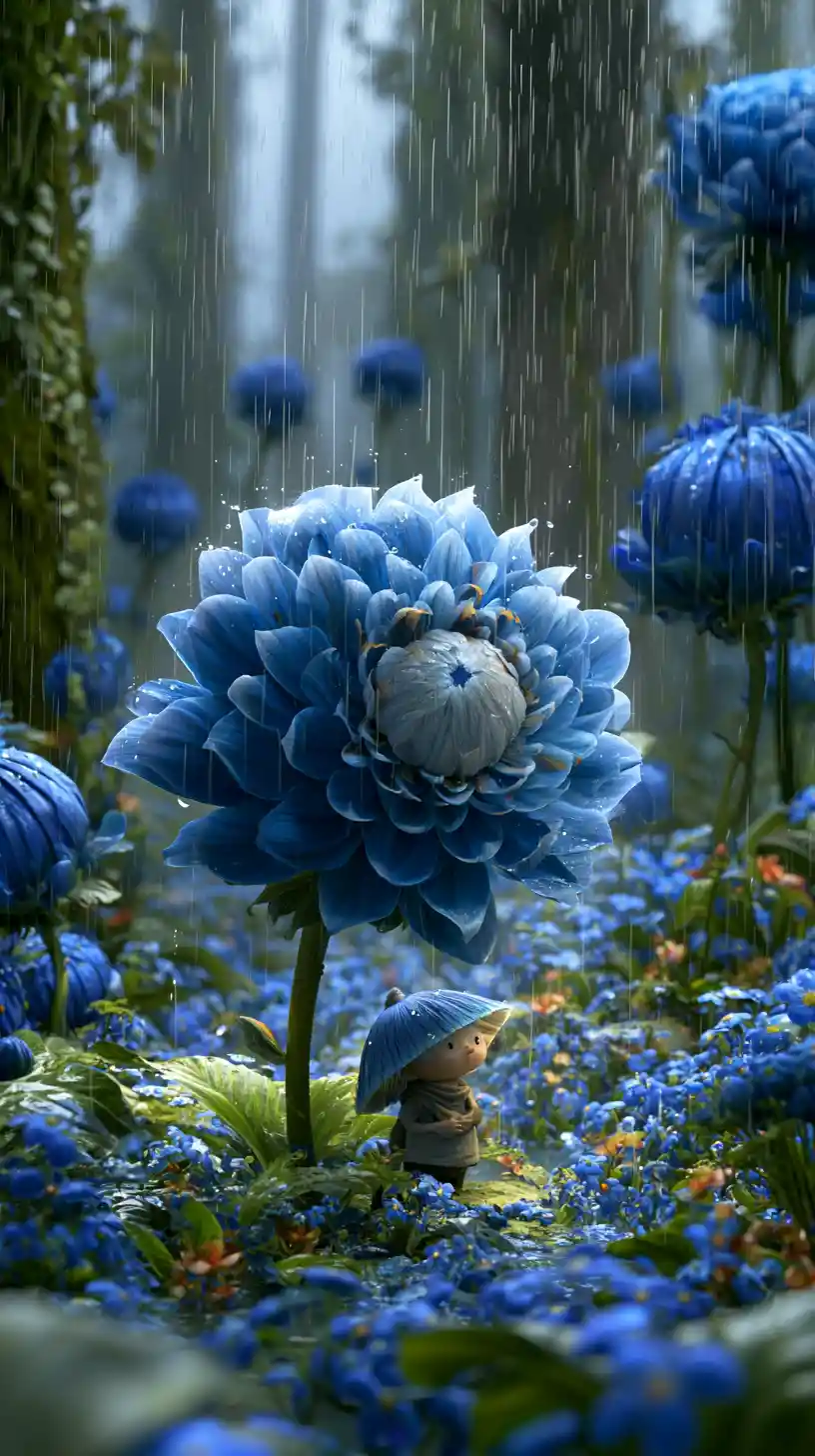 Tiny fantasy creature sheltering from rain under blue flower