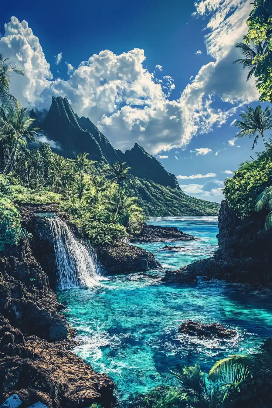 Dreamy Tropical Landscape With Waterfalls And Volcanic Peaks