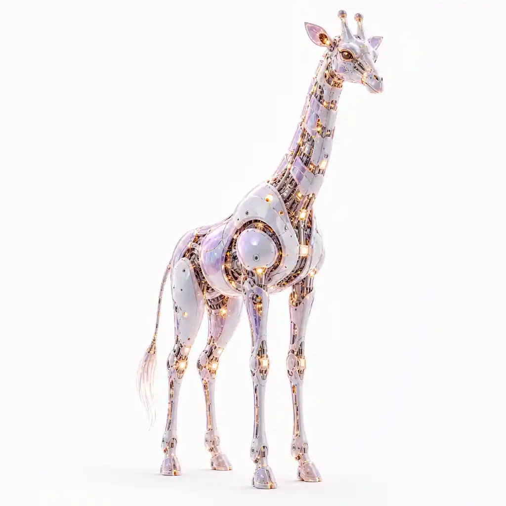 Majestic biomechanical giraffe in pristine white studio