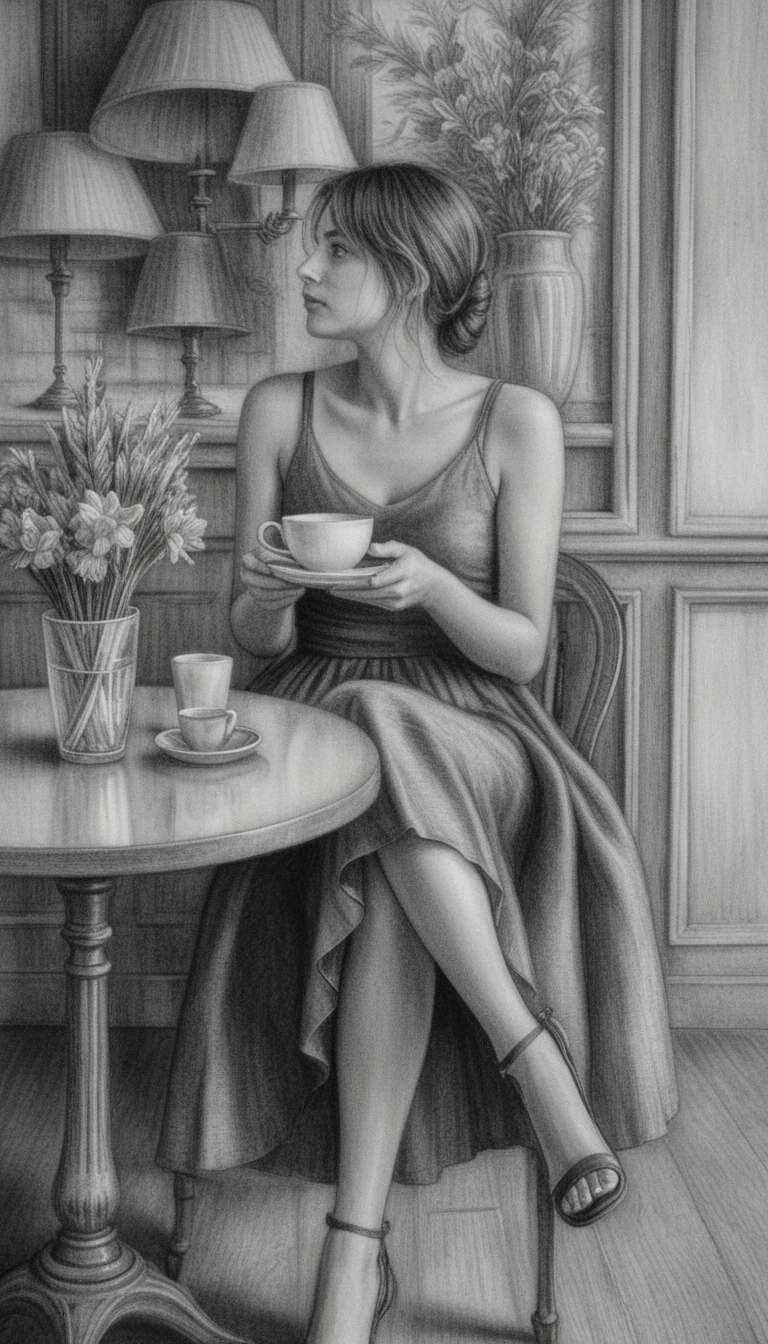 Jovem mulher elegante segurando café em cena de café em grafite