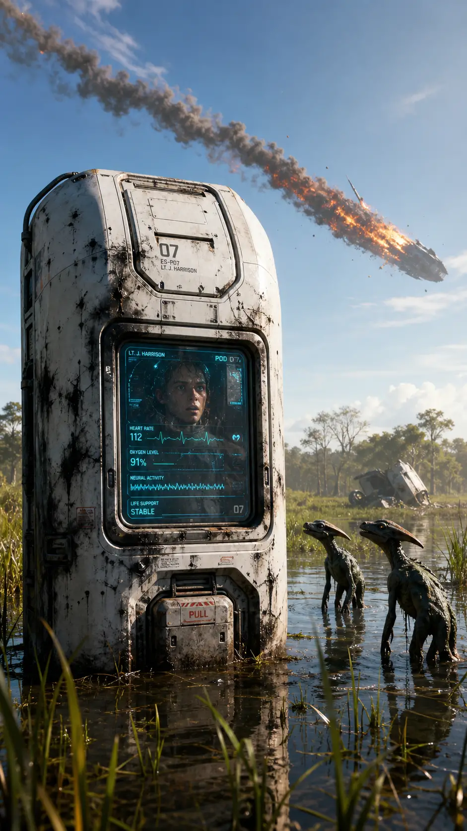 Capsule de sauvetage futuriste dans un marais inondé