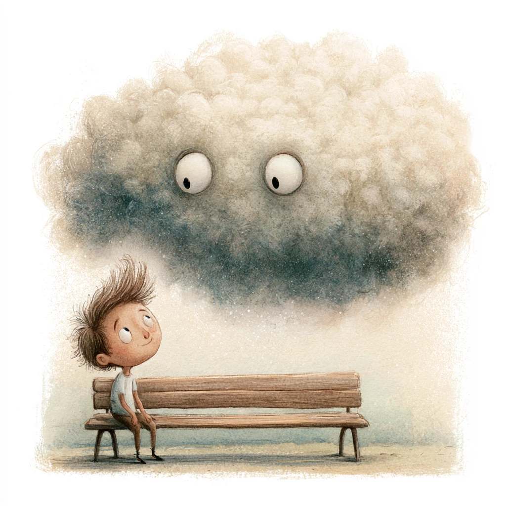 Dreamy watercolor child with fluffy cloud companion on bench