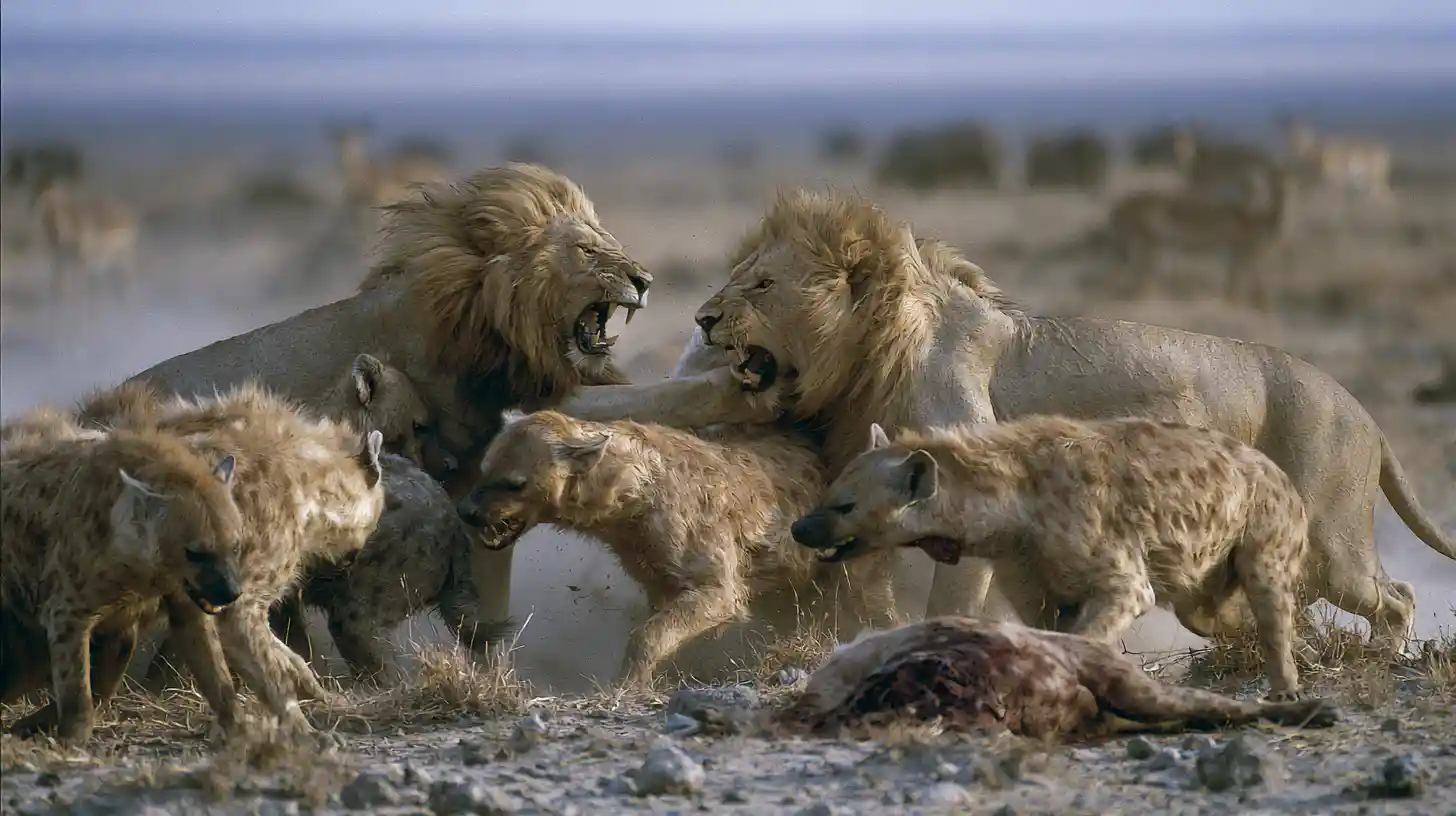 Two male lions battling a pack of hyenas on savanna