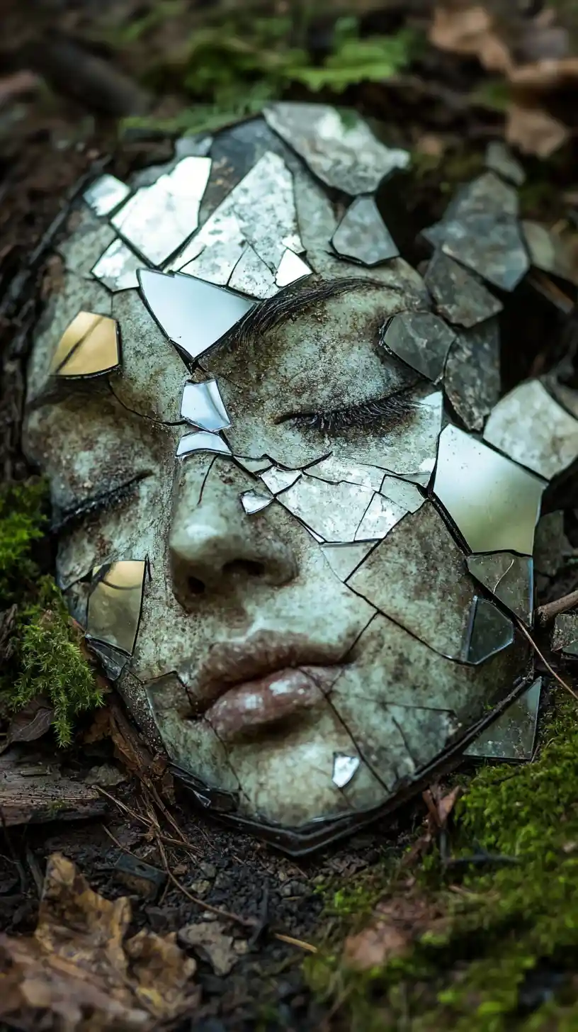 Shattered forest mirror reflecting four seasons as one face