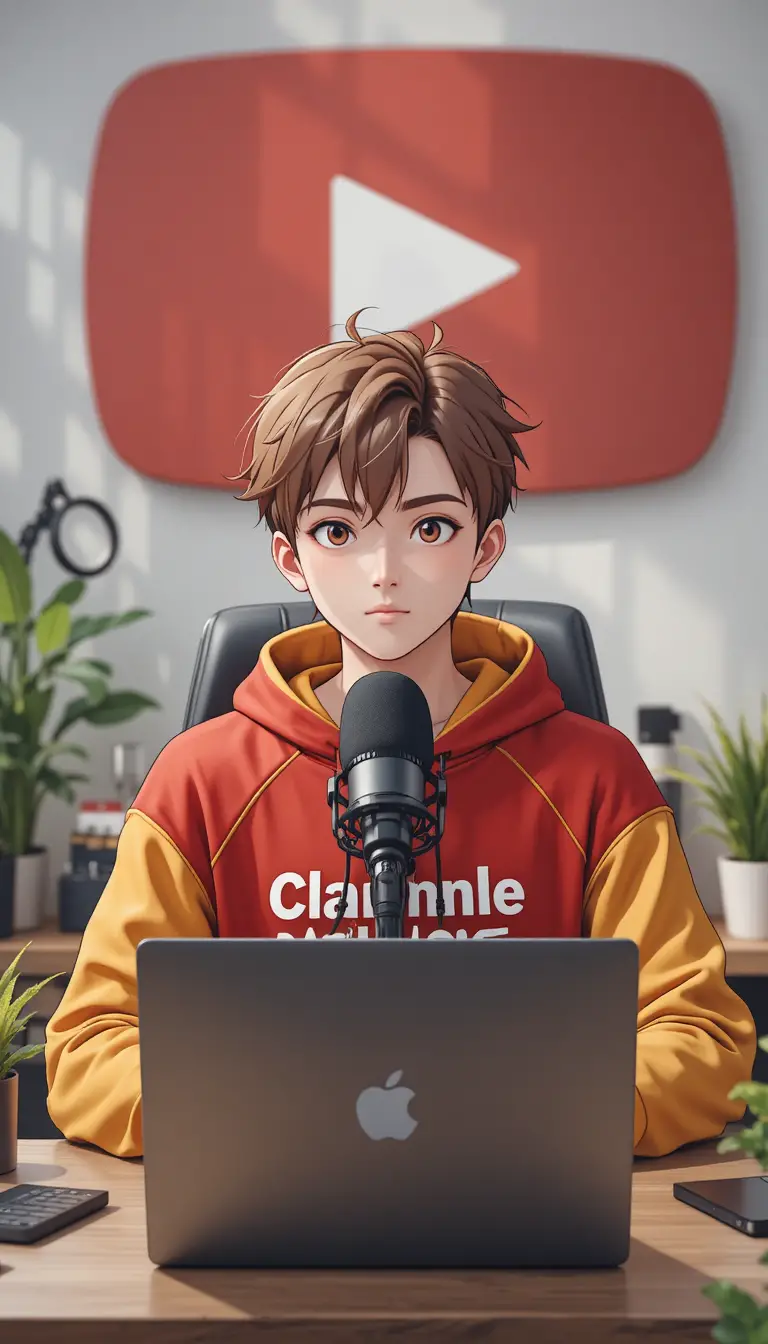 Anime-Junge als Streamer am Computertisch mit Mikrofon