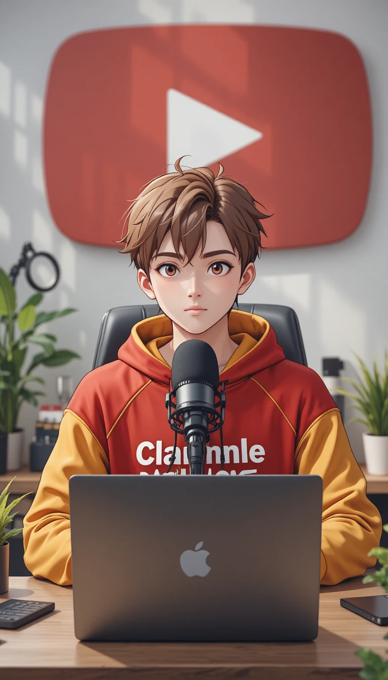 マイク付きパソコンデスクで配信するアニメ風少年ストリーマー