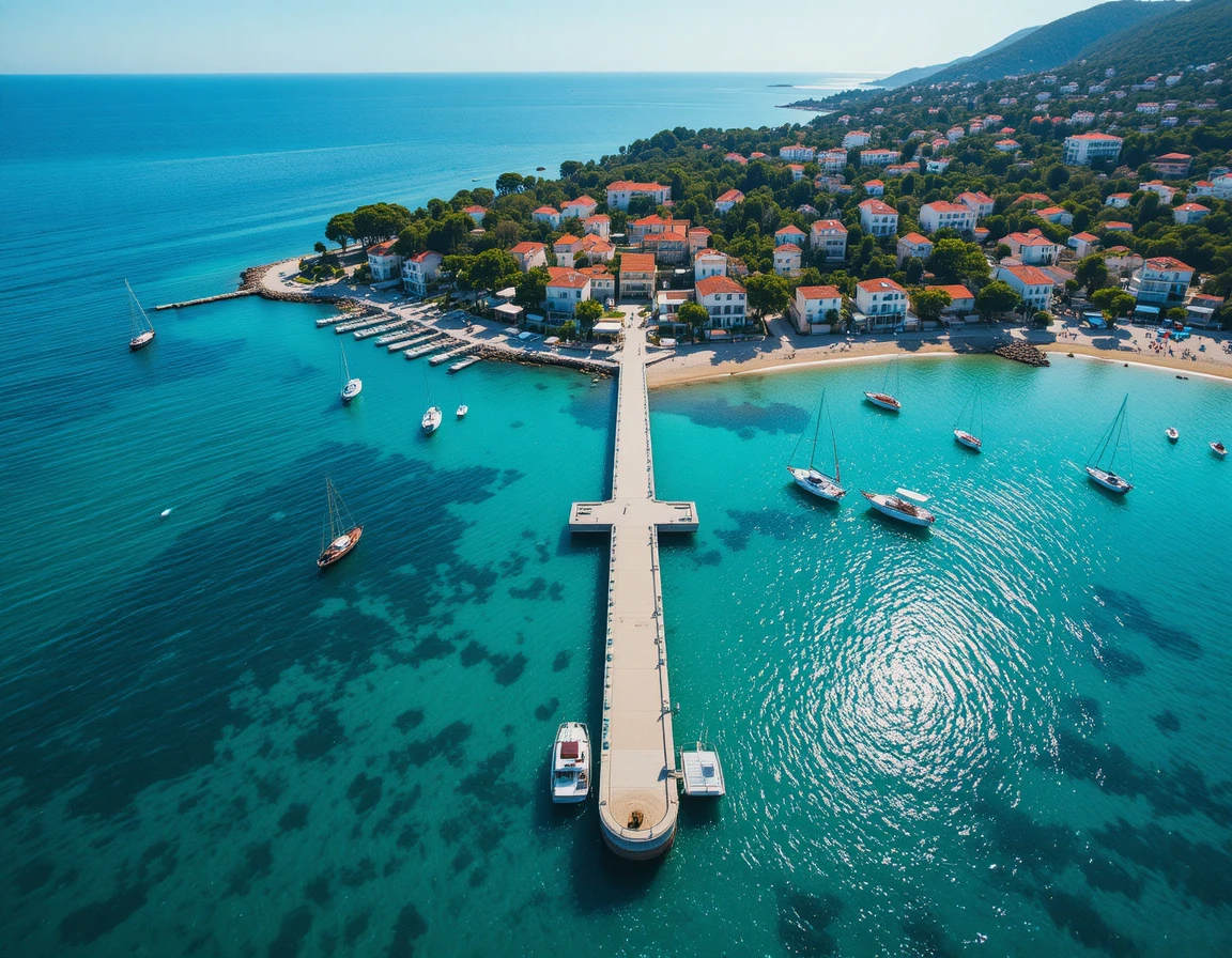 Vue aérienne d’un port méditerranéen ensoleillé avec jetée