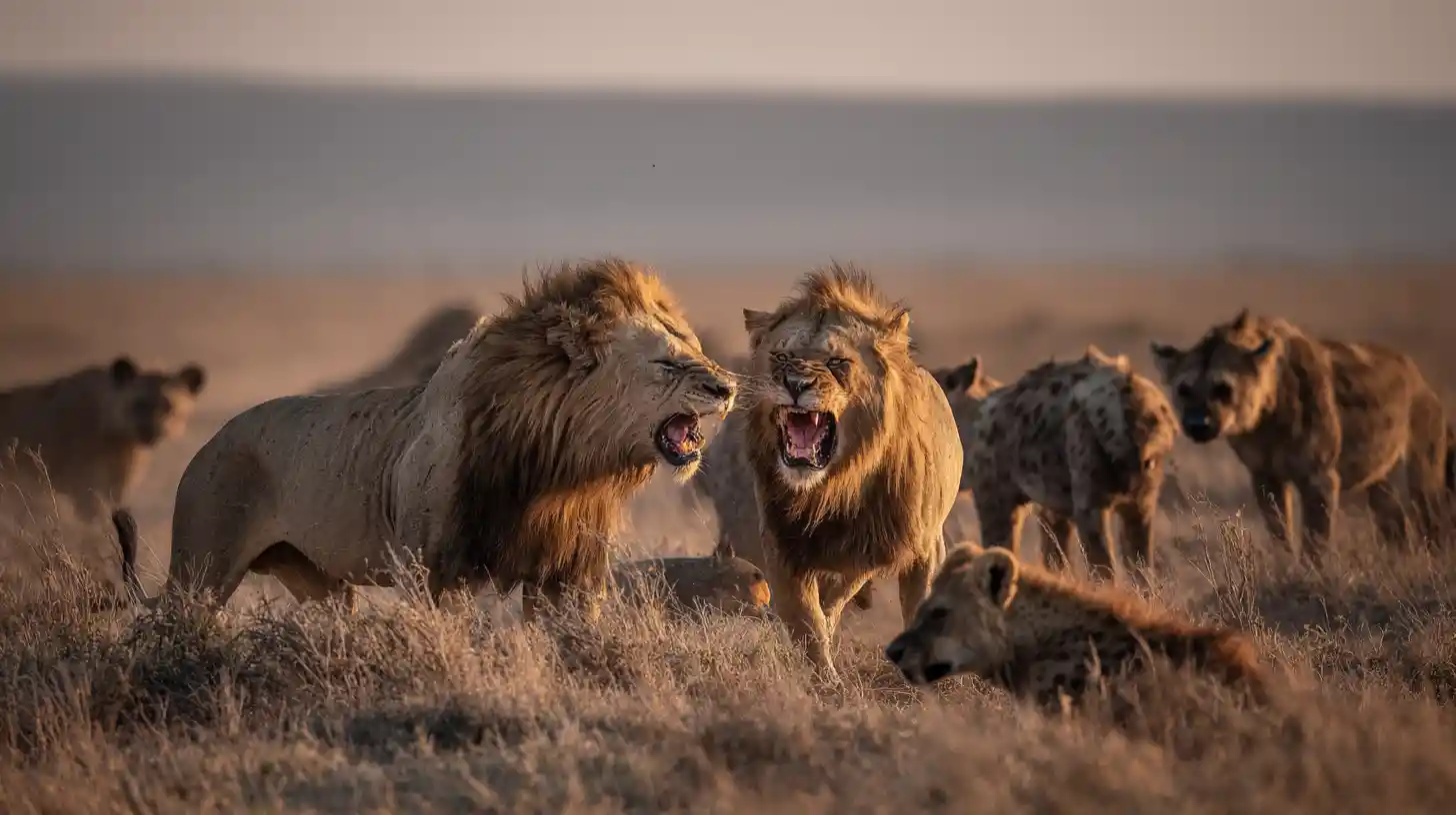 Lions Battle Hyena Pack On The African Savanna