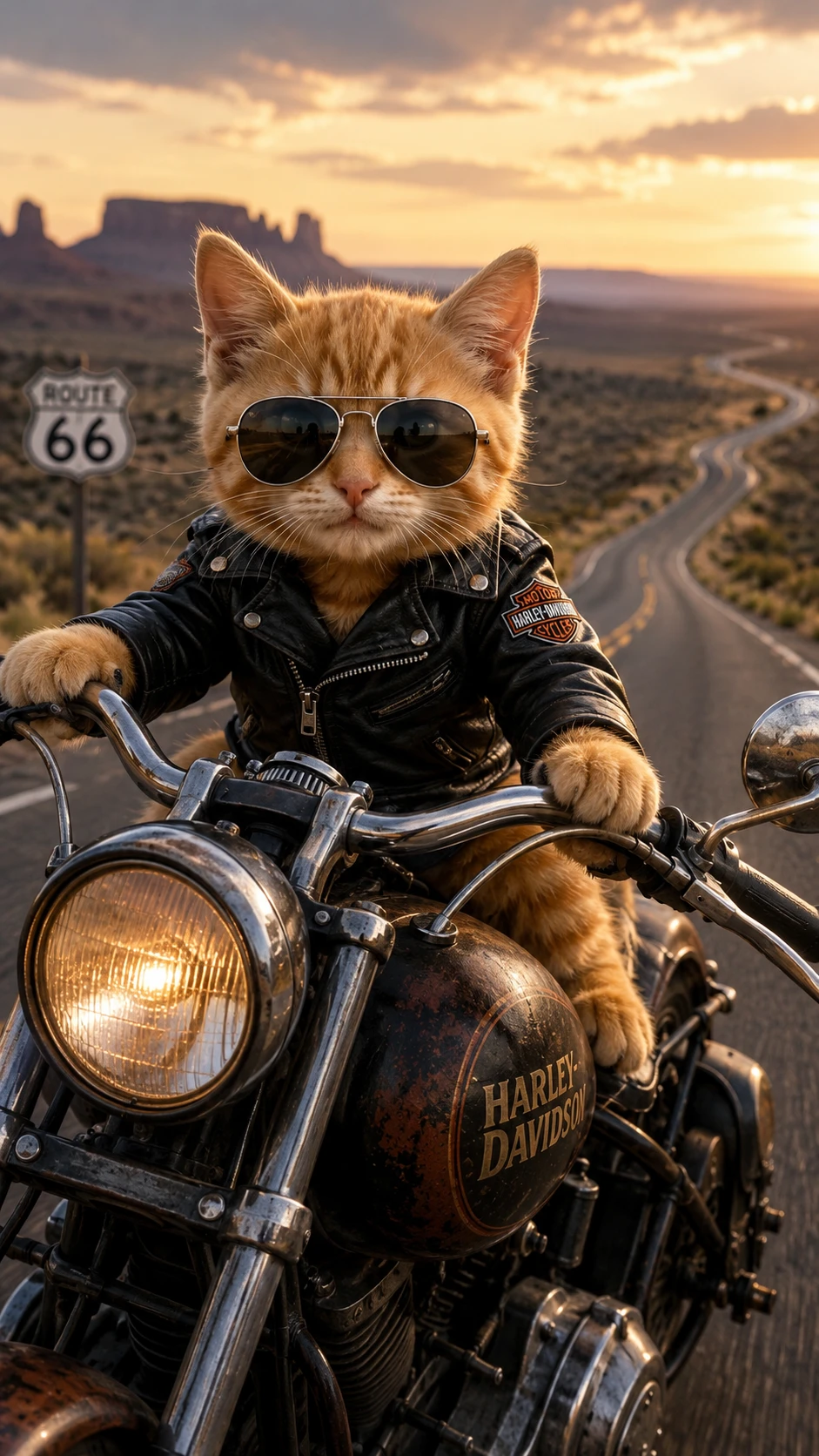 Verspieltes orangefarbenes Kätzchen auf Vintage-Motorrad in Lederjacke