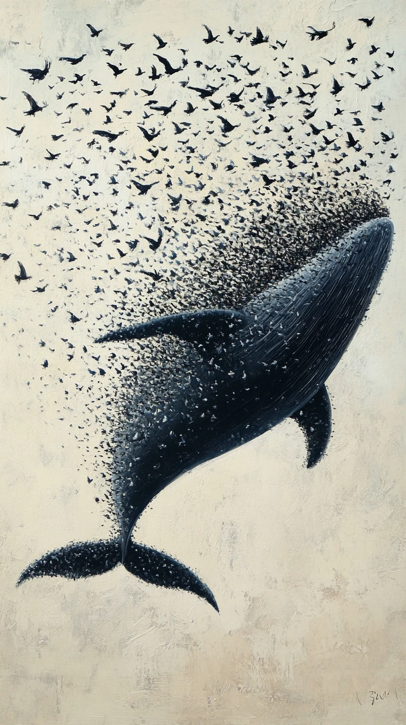 Baleia celestial formada por centenas de pássaros voando
