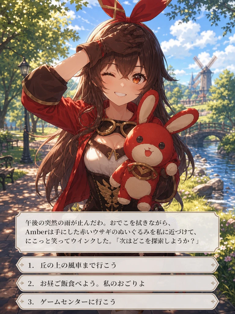 Ragazza anime che sorride in un parco soleggiato dopo la pioggia