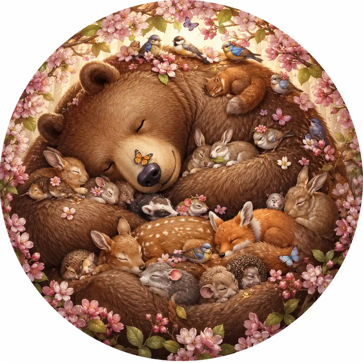 Sleepy forest bear surrounded by resting woodland animals