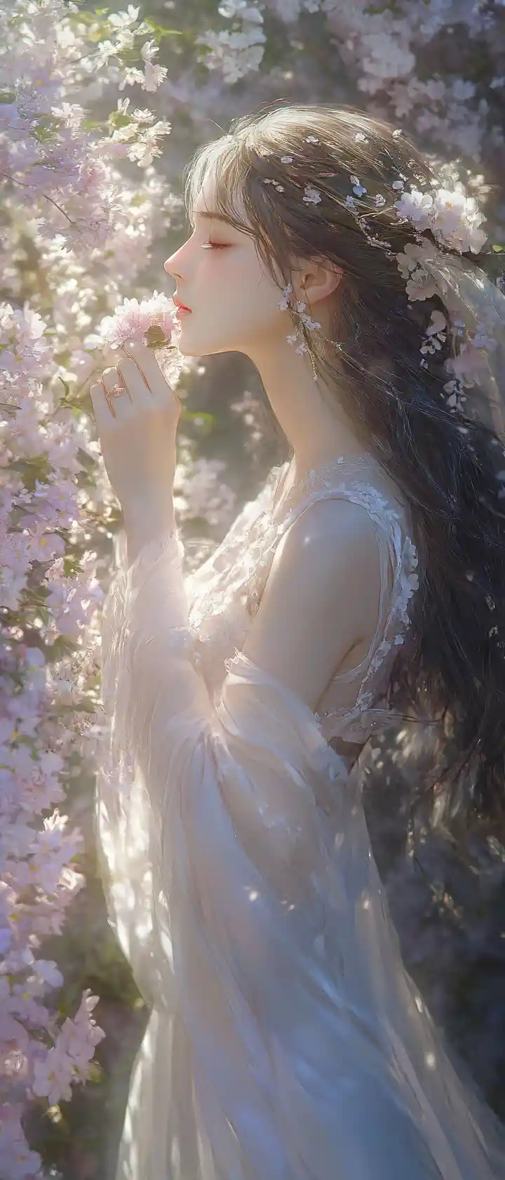 Royal maiden walking through a glowing flower alley