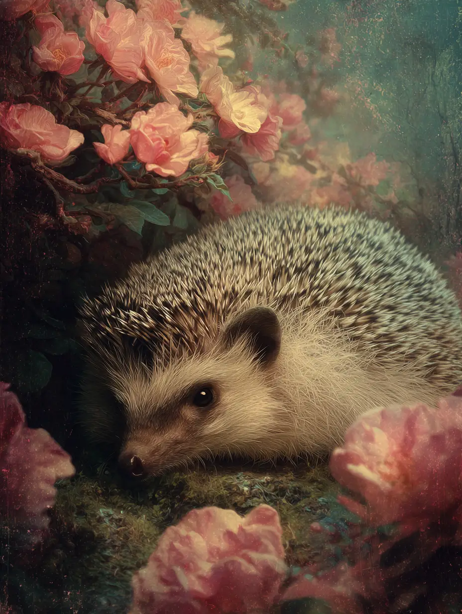 Portrait surréaliste et sombre d’un hérisson grincheux sous des roses