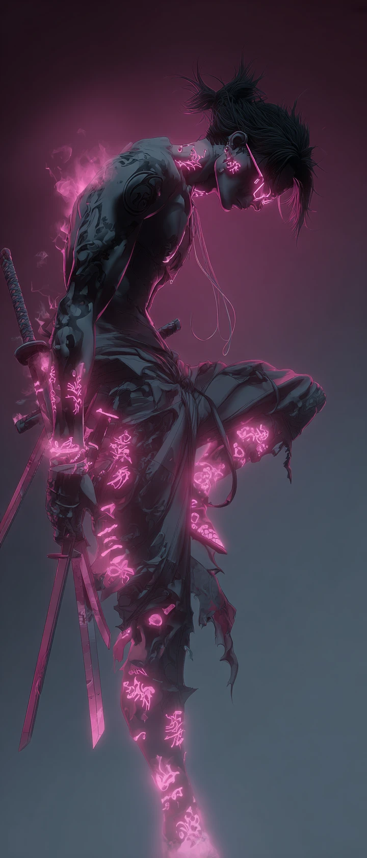 Cyberpunk warrior with neon runes above a field of swords