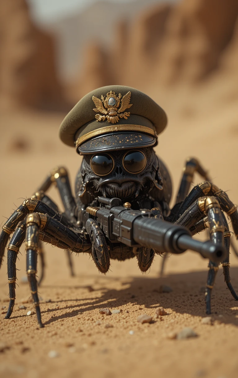 Cartoon army spider with gun in the desert