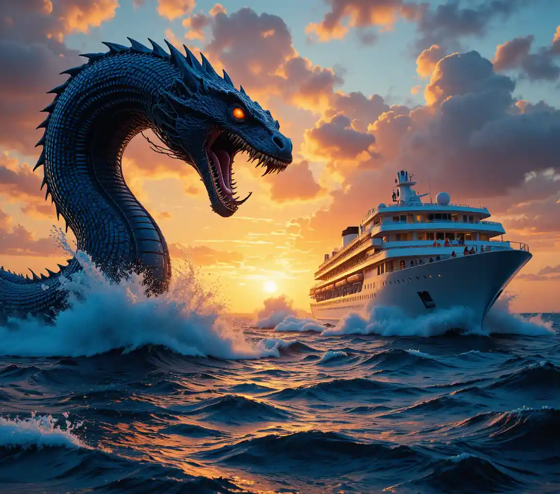 Sea serpent confronting cruise ship at glowing ocean sunset