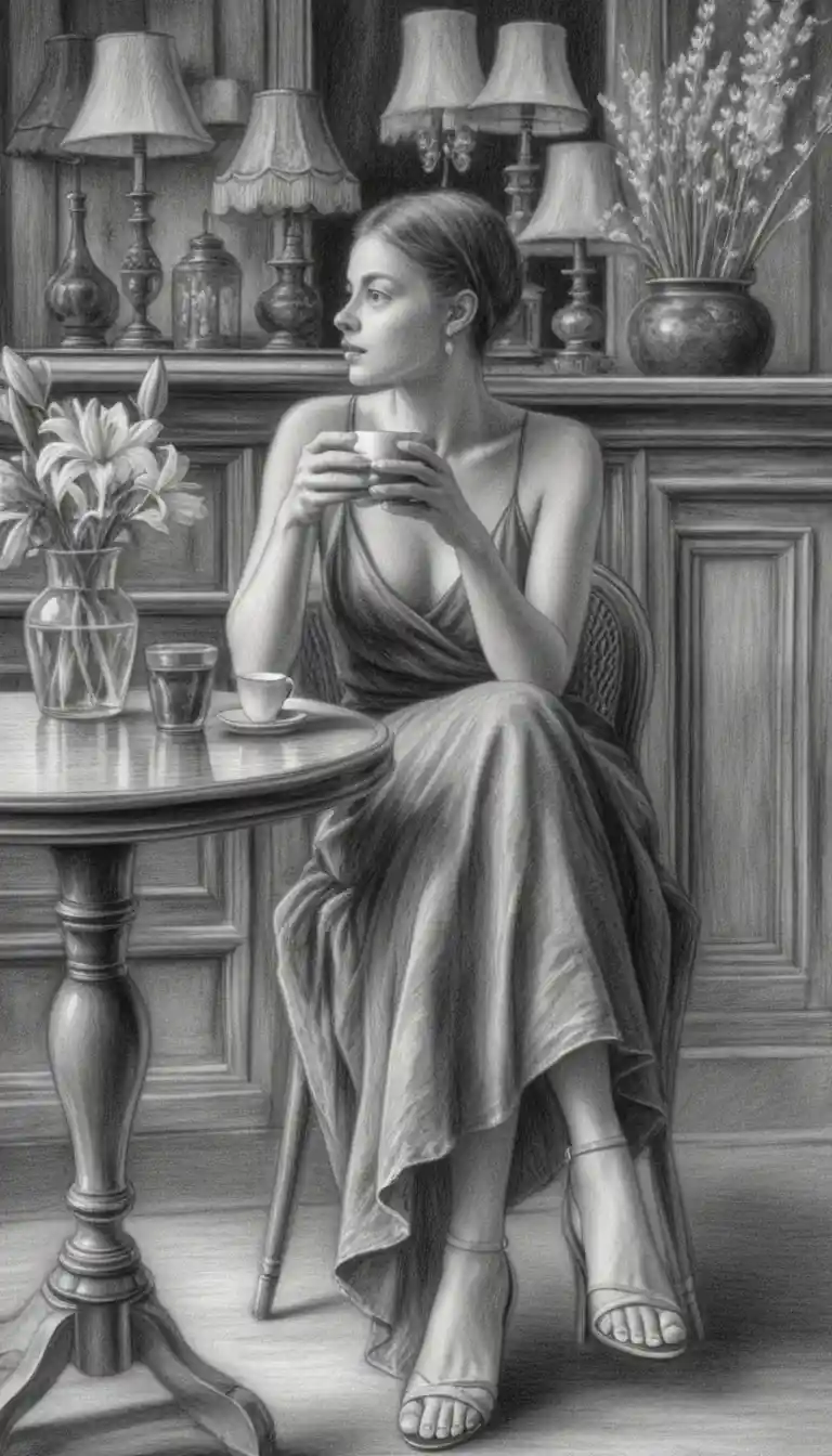 Elegant woman with coffee in a graphite cafe illustration