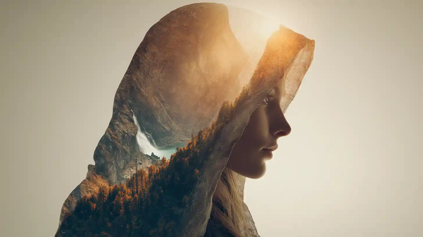 Hooded woman profile merging with hidden mountain valley