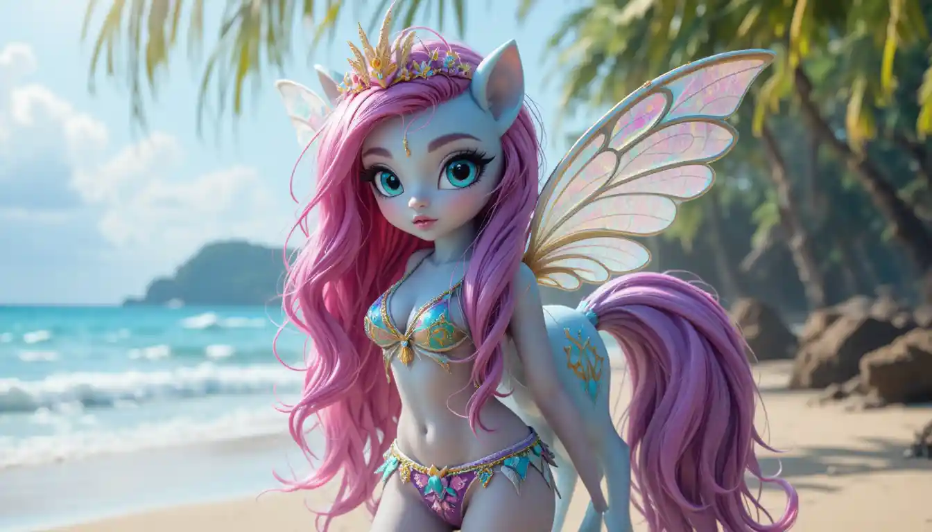Young anime girl on the beach in a tiny bikini