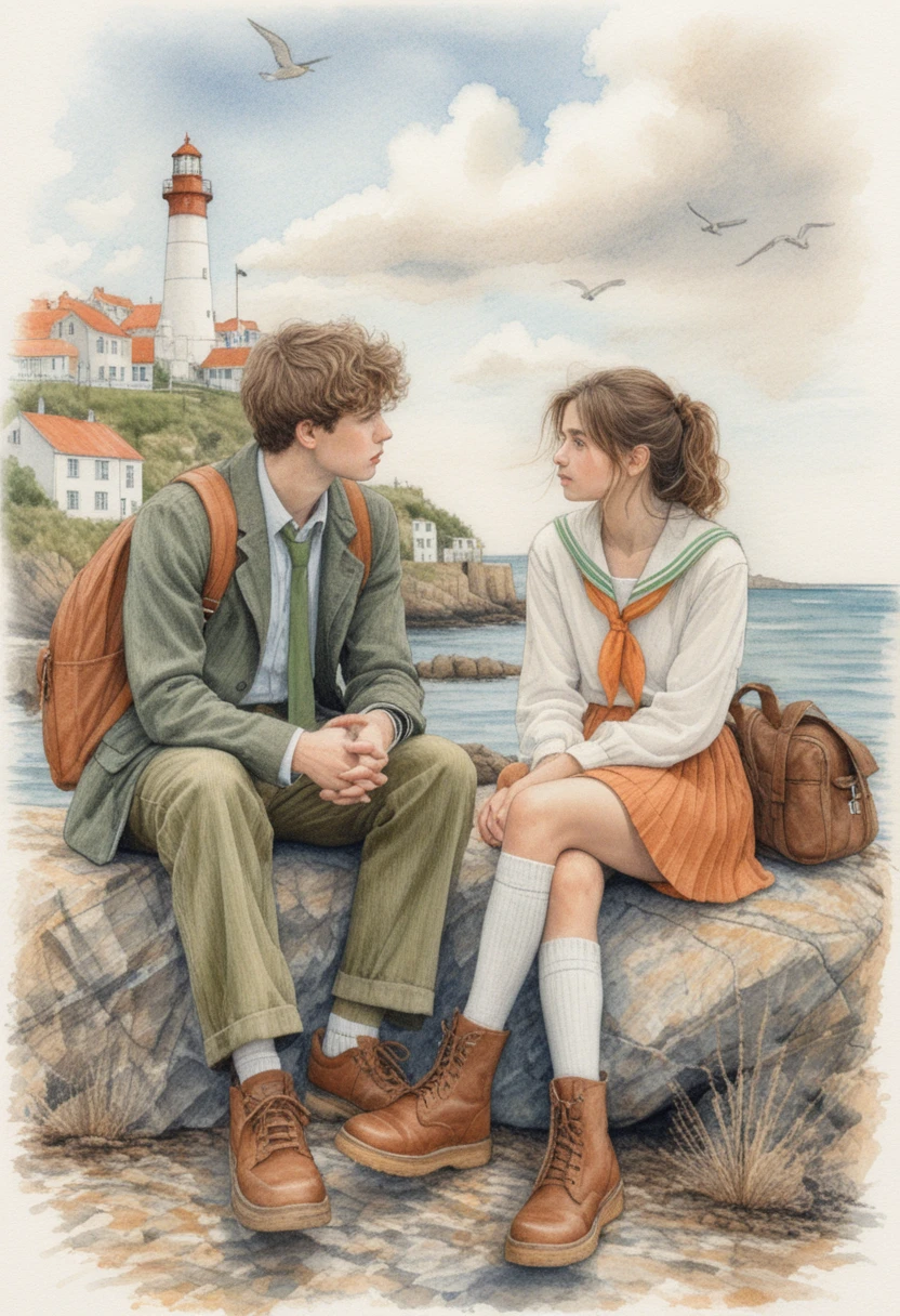 Ilustração de casal adolescente conversando em uma rocha à beira-mar