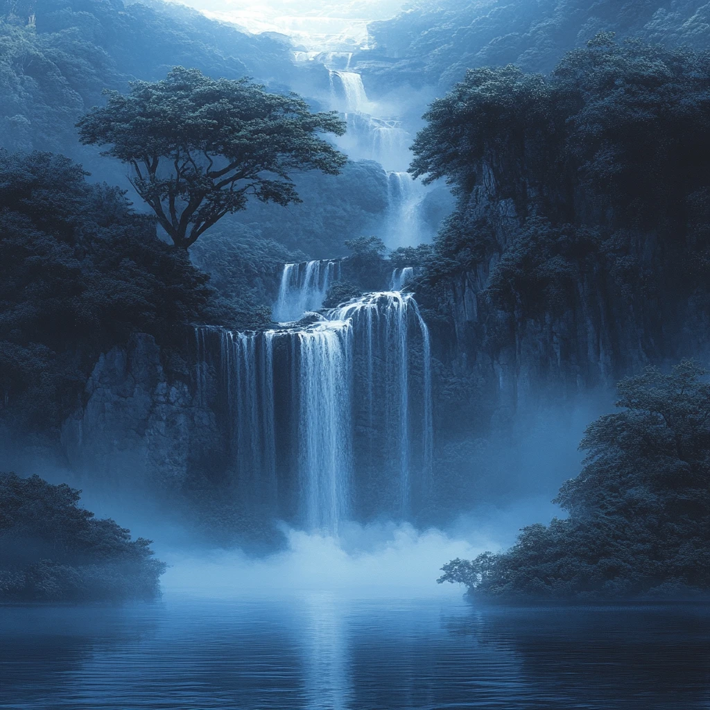 Mystical waterfall flowing into a tranquil forest lake