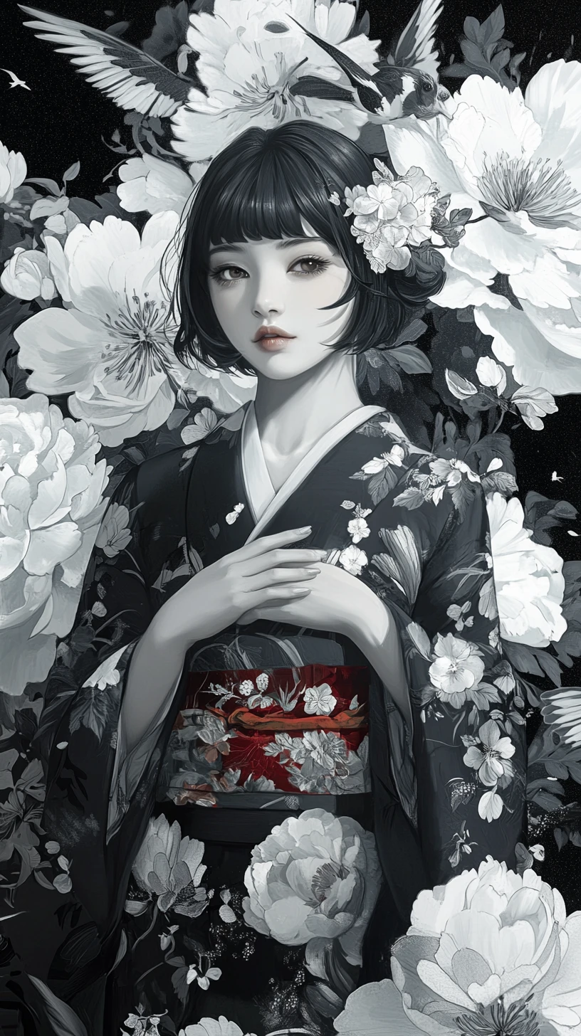 Retrato de mulher elegante de anime em quimono preto floral