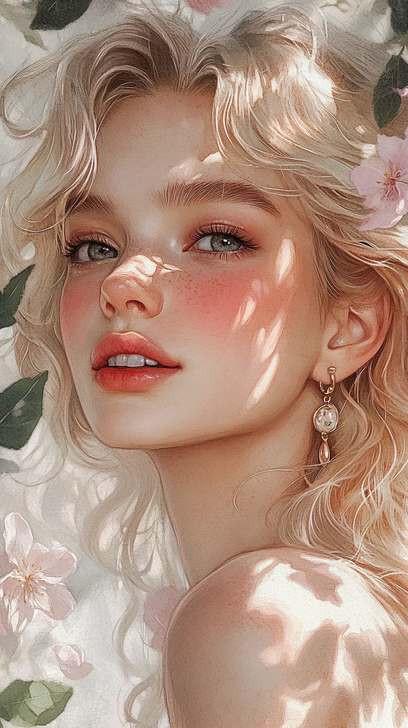 Watercolor portrait of a shy blonde girl in garden