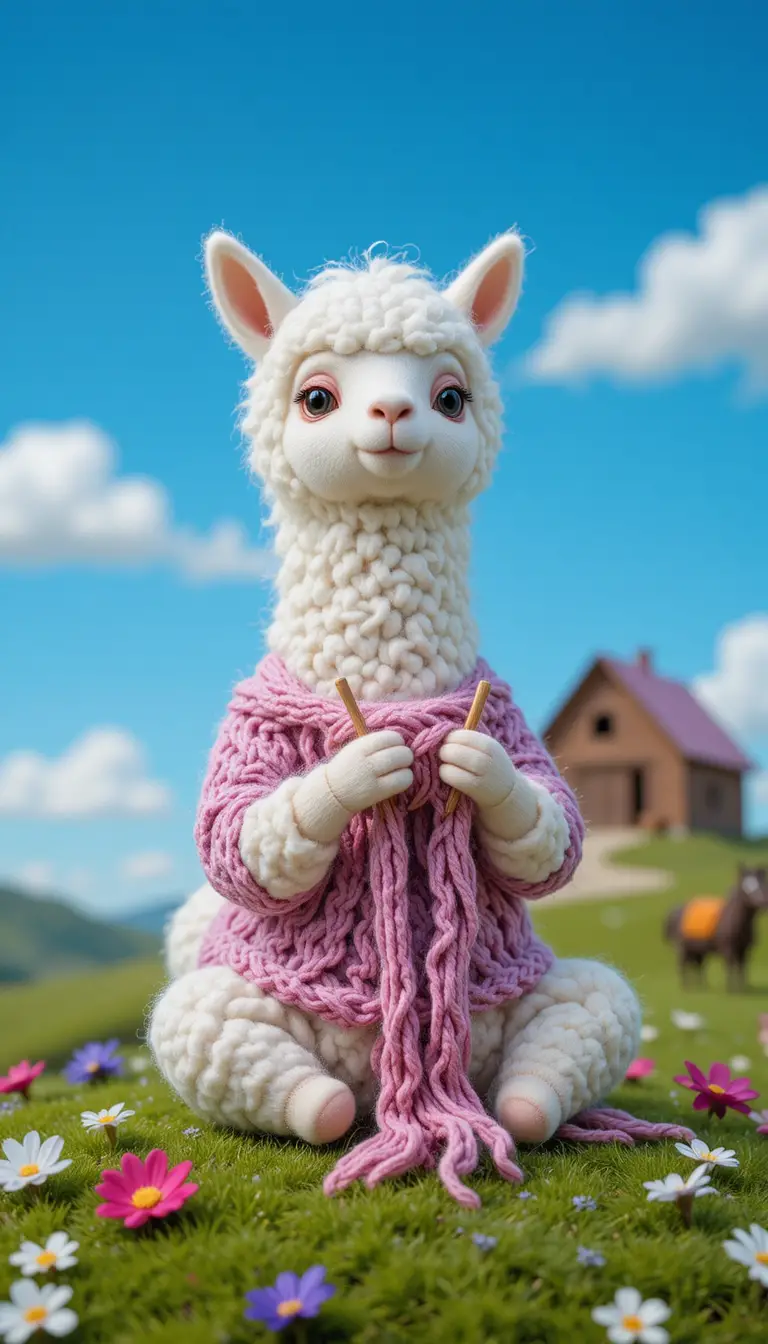 Cute white llama knitting in a bright countryside scene