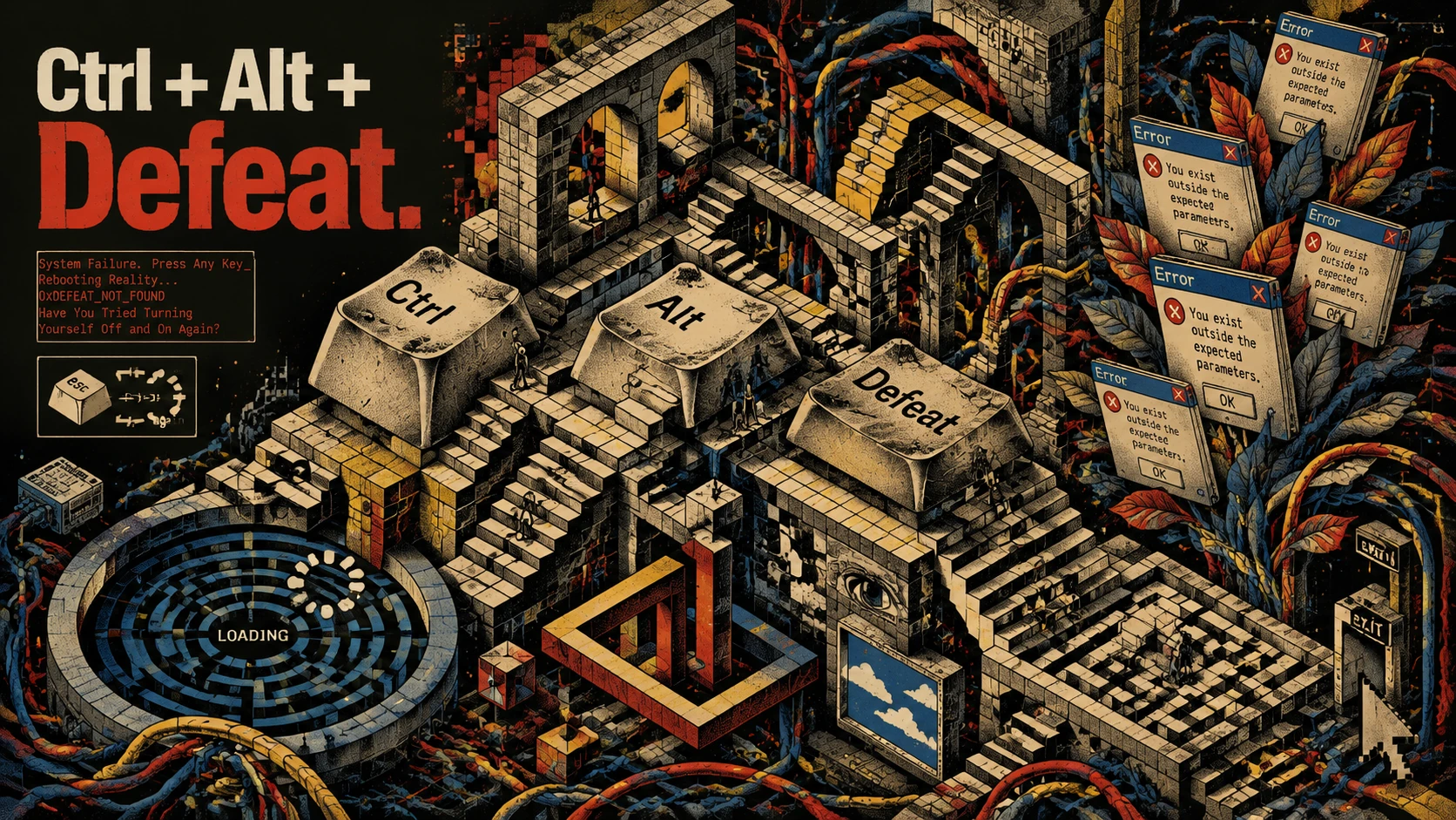 Surreale Vintage-Tastaturtreppe in Retro-Computer-Kunst