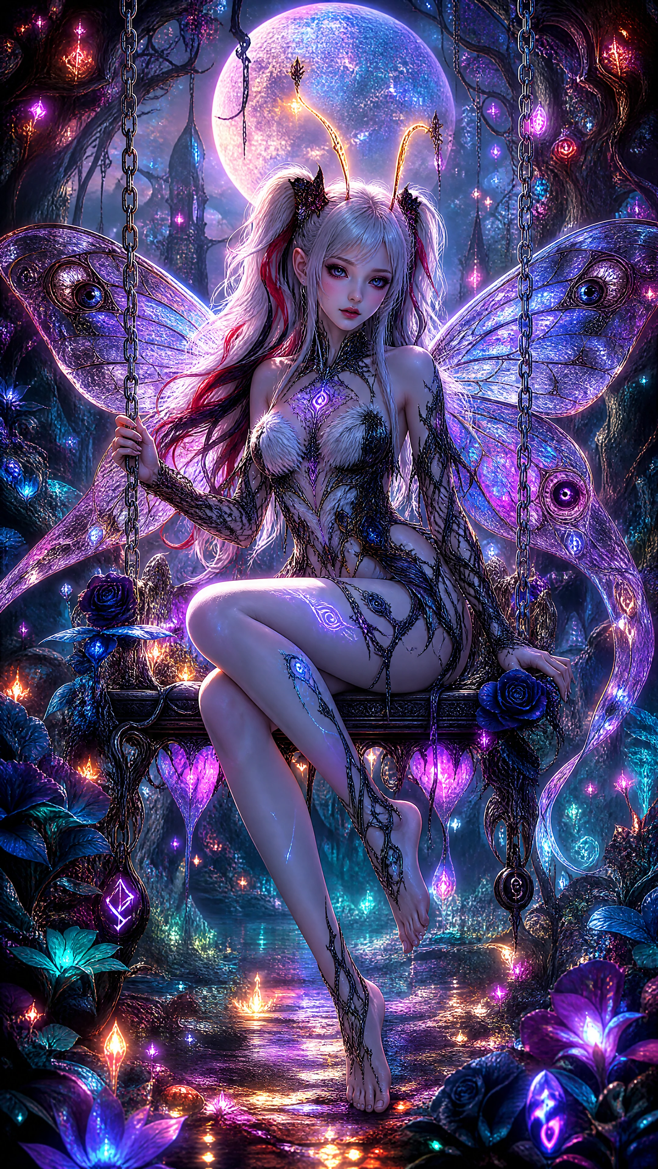 Mystical moth goddess on a swing in a cosmic forest