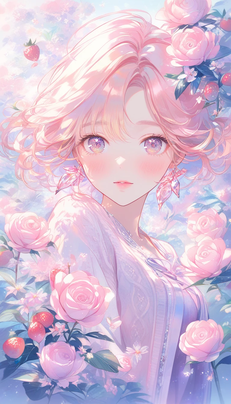 Träumerisches Aquarellporträt einer Frau in rosa Satin