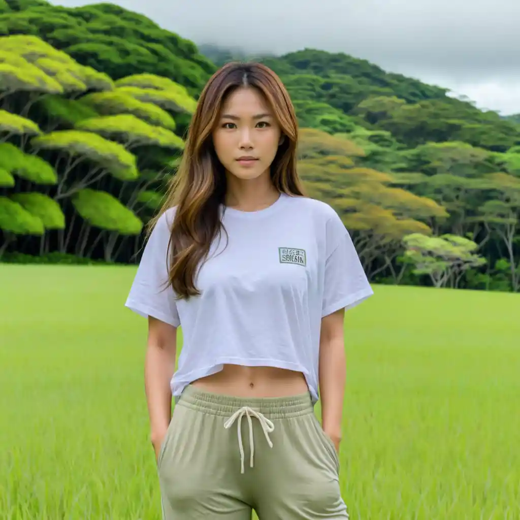 Donna di Okinawa in piedi in un campo in una giornata nuvolosa