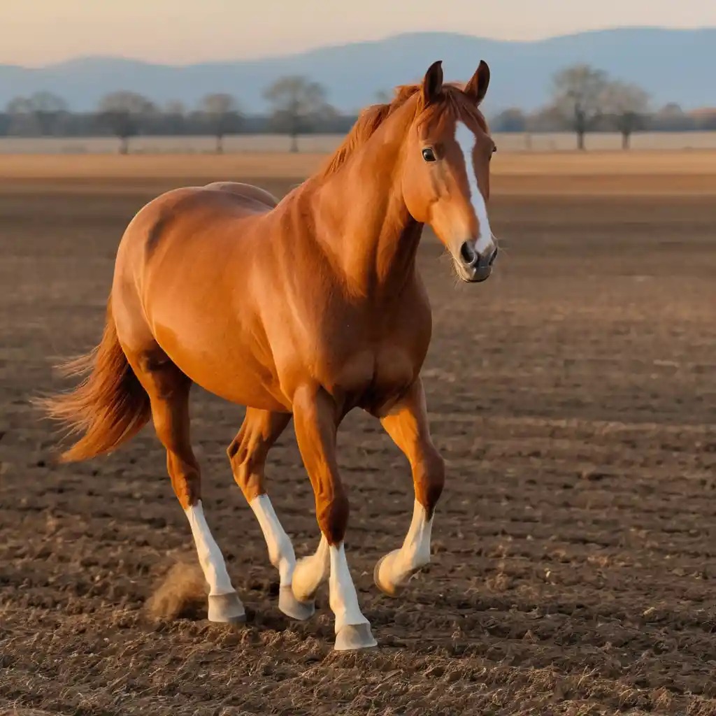 Cavallo beige che trotta attraverso un campo arido al tramonto