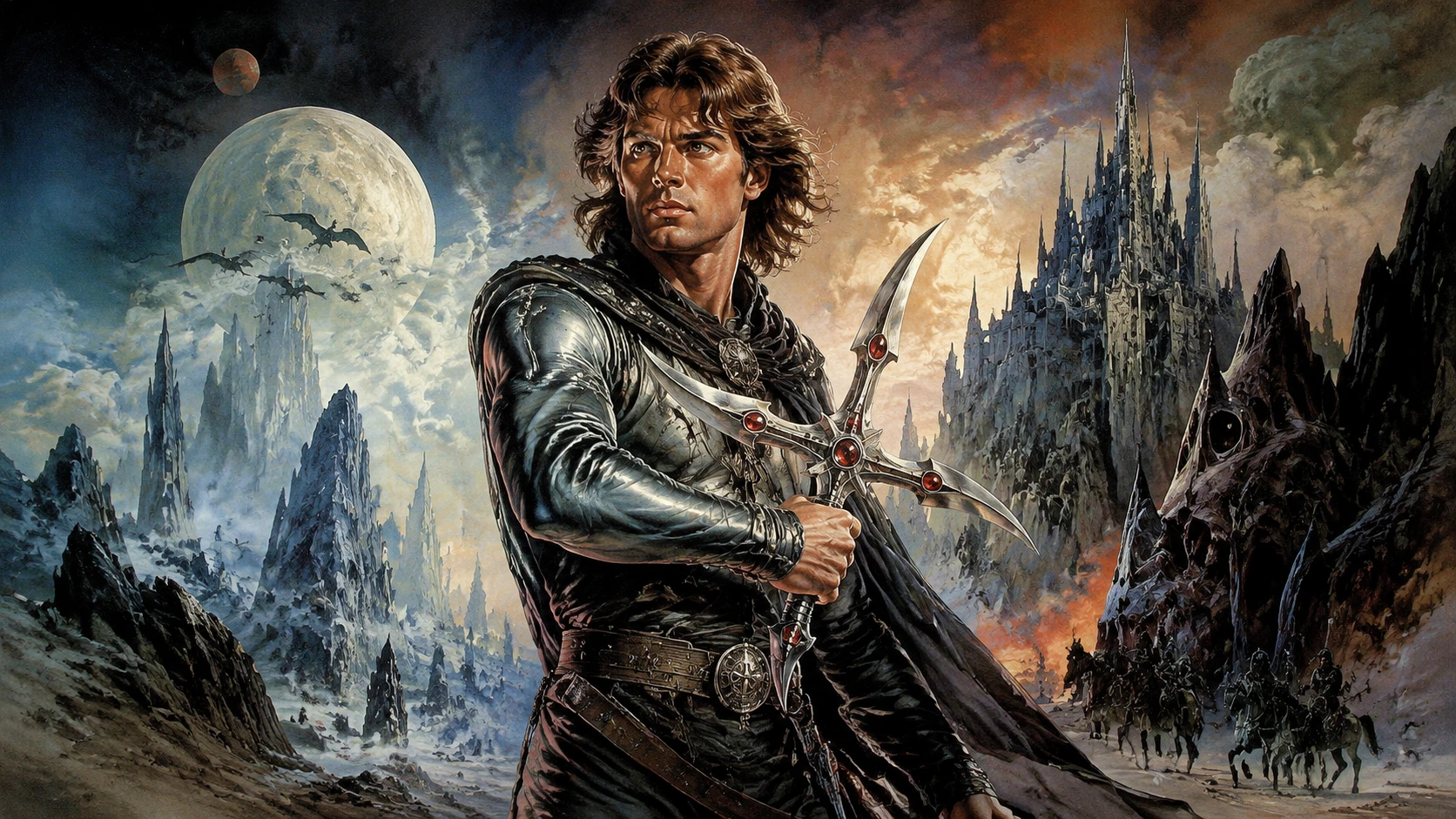 Held mit magischer Waffe auf außerirdischem Fantasy-Schlachtfeld